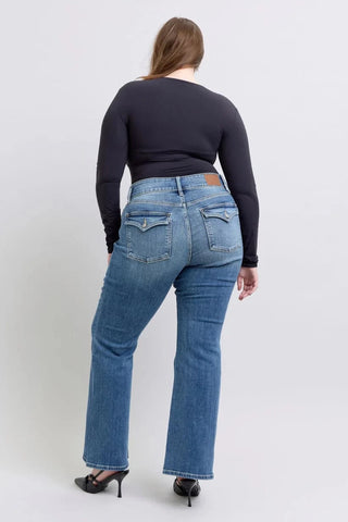 Judy Blue Double Button Patch Pocket Flares-9- Bottoms Denim-Judy Blue-Styled by Stacked - A Plus Size Women's Boutique in Lakeville, MN