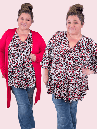 McKenna Kimono Cut 3/4 Sleeve Top in Gray + Red Leopard-1- ShortSlv/Slvless Tops-WHITE BIRCH-Styled by Stacked - A Plus Size Women's Boutique in Lakeville, MN