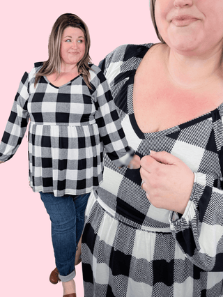 Arianna Vneck Babydoll Long Sleeve in Ivory Buffalo Plaid-2- Long Sleeve Tops-HEIMISH-Styled by Stacked - A Plus Size Women's Boutique in Lakeville, MN