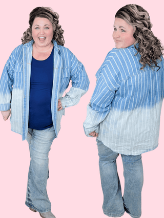 Della Railroad Stripe Button Down Denim Shirt-2- Long Sleeve Tops-WHITE BIRCH-Styled by Stacked - A Plus Size Women's Boutique in Lakeville, MN