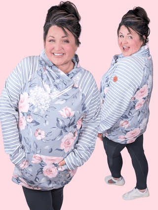 PHC- Triple Stretch Zipcowl in Vintage Gray Floral-3- Hooded Tops-MICHELLE MAE-Styled by Stacked - A Plus Size Women's Boutique in Lakeville, MN