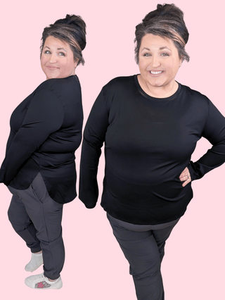 Clarissa Scoop Bottom Active Long Sleeve Top in Black-2- Long Sleeve Tops-WHITE BIRCH-Styled by Stacked - A Plus Size Women's Boutique in Lakeville, MN