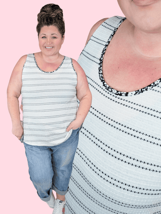 Mia Ivory Textured Stripe Tank w/Black Floral Trim-1- ShortSlv/Slvless Tops-HAPTICS-Styled by Stacked - A Plus Size Women's Boutique in Lakeville, MN