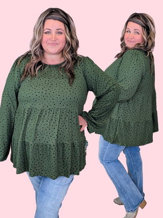 Carolyn Tiered Long Sleeve Top in Green Polka Dots
