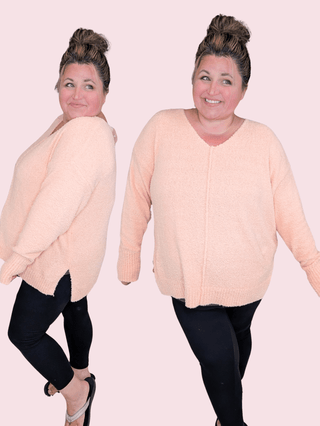 Drew Slouchy Chenille Sweater w/Center Seam in Apricot-2- Long Sleeve Tops-WHITE BIRCH-Styled by Stacked - A Plus Size Women's Boutique in Lakeville, MN