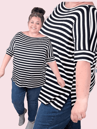 Julian Boatneck Dolman Tee in Black + Ivory Stripe-1- ShortSlv/Slvless Tops-HEIMISH-Styled by Stacked - A Plus Size Women's Boutique in Lakeville, MN