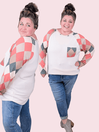 Vienna Long Sleeve Pullover in Argyle Accent-2- Long Sleeve Tops-FIRST LOVE-Styled by Stacked - A Plus Size Women's Boutique in Lakeville, MN