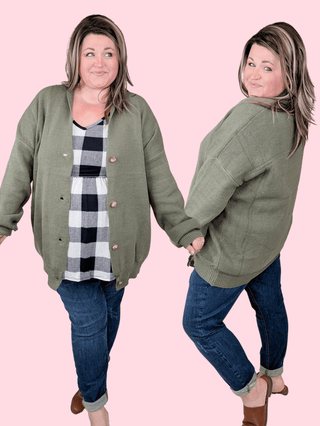 Austin Button Front Sweater Cardigan in Olive-4- Overlayer Tops-WHITE BIRCH-Styled by Stacked - A Plus Size Women's Boutique in Lakeville, MN