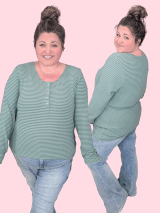 2- Long Sleeve Tops Tristan Striped Long Sleeve Henley w/Snaps plus size clothing