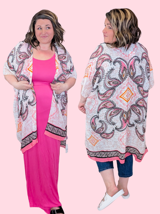 Zinnia Paisley Kimono in Pink, Orange + Black