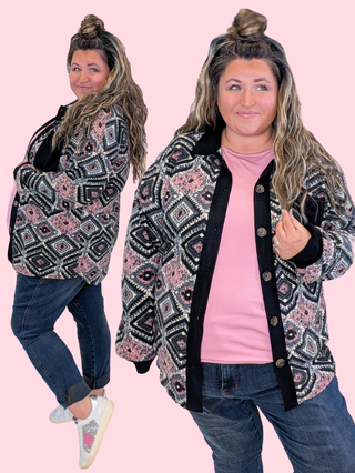 Viola Fleecy Shirket in Pink + Black Aztec