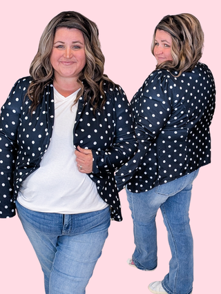 Desi Stretch Open Blazer in Dark Navy Polka Dots