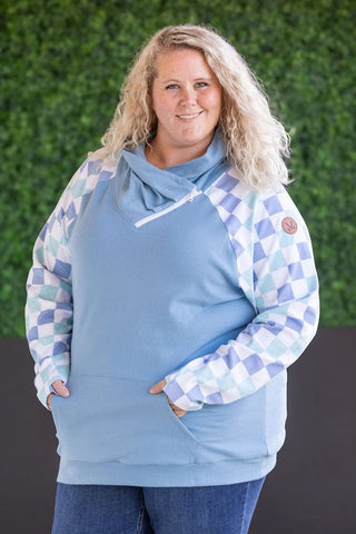 PHC- Triple Stretch Zipcowl in Blue w/Checker Sleeves-3- Hooded Tops-MICHELLE MAE-Styled by Stacked - A Plus Size Women's Boutique in Lakeville, MN