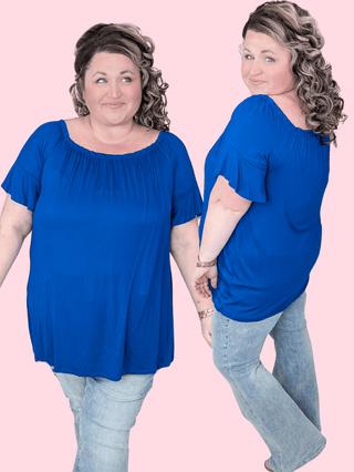 Noah Gathered Neck Short Sleeve Top in Cobalt Blue-1- ShortSlv/Slvless Tops-HEIMISH-Styled by Stacked - A Plus Size Women's Boutique in Lakeville, MN