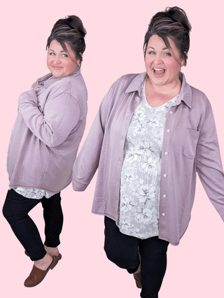 Mollie Scuba Knit Buttondown Top in Dusty Purple-4- Overlayer Tops-WHITE BIRCH-Styled by Stacked - A Plus Size Women's Boutique in Lakeville, MN