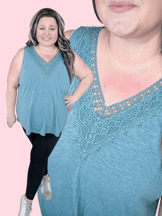 Gayle Lace Trimmed Vneck Tank in Washed Teal-1- ShortSlv/Slvless Tops-EMERALD-Styled by Stacked - A Plus Size Women's Boutique in Lakeville, MN