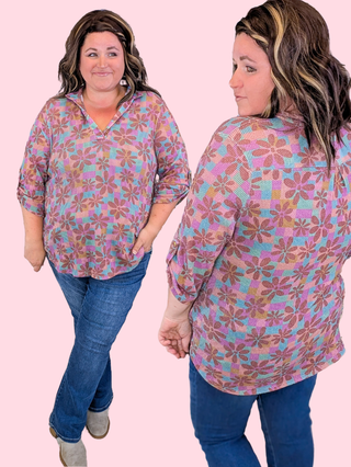 Brielle 3/4 Sleeve Collared Top in Retro Floral