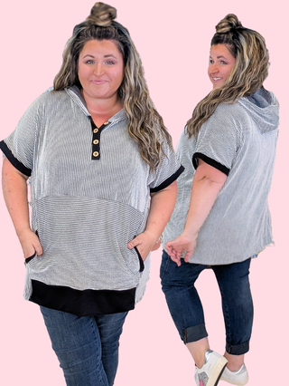 Elliot Ribbed Hooded Short Sleeve Top in Stripes