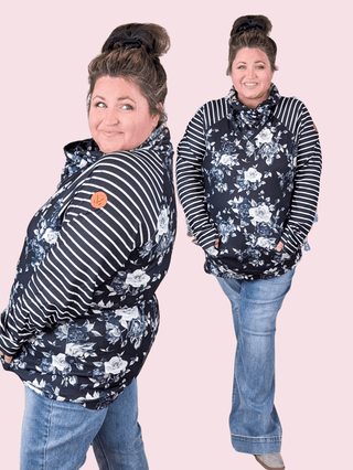 PHC- Black + White Floral Stripe Mix Zipcowl-3- Hooded Tops-MICHELLE MAE-Styled by Stacked - A Plus Size Women's Boutique in Lakeville, MN