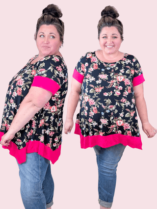Natasha Black Floral Crewneck Top w/Dark Hot Pink Trim-1- ShortSlv/Slvless Tops-EMERALD-Styled by Stacked - A Plus Size Women's Boutique in Lakeville, MN
