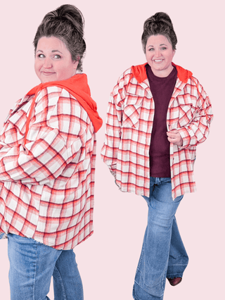 Alena Plaid Hooded Shacket in Orange and Burgundy-4- Overlayer Tops-WHITE BIRCH-Styled by Stacked - A Plus Size Women's Boutique in Lakeville, MN