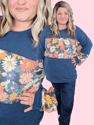 Leela Urban Ribbed Floral Block Long Sleeve in Denim Blue-2- Long Sleeve Tops-HEIMISH-Styled by Stacked - A Plus Size Women's Boutique in Lakeville, MN