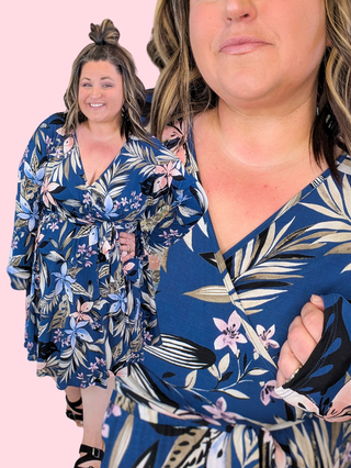 Lyra Floral Faux-Wrap Long Sleeve Dress in Navy