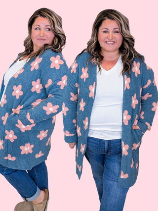 Isla Cozy Open Cardigan in Retro Denim Blue Floral