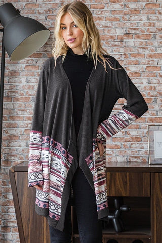Kai Aztec Accent Draped Cardigan (4 Colors)-4- Overlayer Tops-HEIMISH-Styled by Stacked - A Plus Size Women's Boutique in Lakeville, MN
