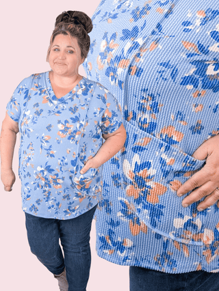 Yvonne Urban Ribbed Top in Fall Floral on Denim Blue-1- ShortSlv/Slvless Tops-HEIMISH-Styled by Stacked - A Plus Size Women's Boutique in Lakeville, MN