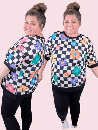 Penelope Black + White Checker Top w/Floral Pops-1- ShortSlv/Slvless Tops-HEIMISH-Styled by Stacked - A Plus Size Women's Boutique in Lakeville, MN