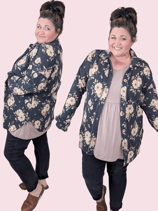 Hannah Ribbed Shirket in Charcoal Floral-4- Overlayer Tops-HEIMISH-Styled by Stacked - A Plus Size Women's Boutique in Lakeville, MN