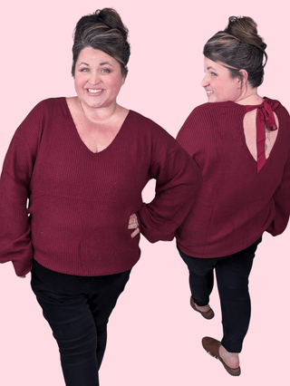 Bethanie Bow Back Sweater in Burgundy-2- Long Sleeve Tops-MICHELLE MAE-Styled by Stacked - A Plus Size Women's Boutique in Lakeville, MN