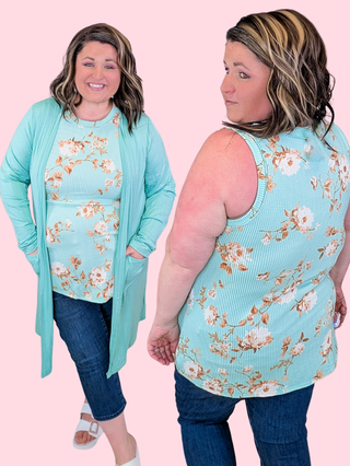Caterina High Neck Floral Tank in Aqua
