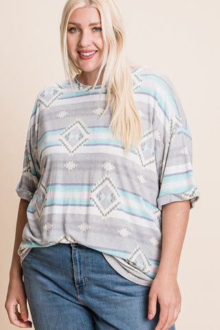 Anna Crewneck Relaxed Tee in Aztec (2 Colors)-1- ShortSlv/Slvless Tops-LOVELY MELODY-Styled by Stacked - A Plus Size Women's Boutique in Lakeville, MN