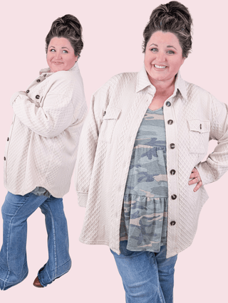 Gertie Button Down Textured Shacket in Taupe Beige-4- Overlayer Tops-WHITE BIRCH-Styled by Stacked - A Plus Size Women's Boutique in Lakeville, MN