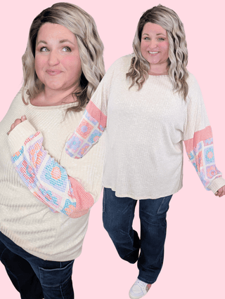 Jackie Crewneck Pullover w/Granny Square Long Sleeves-2- Long Sleeve Tops-HAPTICS-Styled by Stacked - A Plus Size Women's Boutique in Lakeville, MN