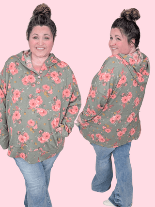 3- Hooded Tops Shawn Urban Ribbed Hooded Pullover in Olive Floral plus size clothing