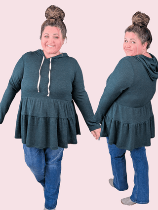 Maria Tiered Hoodie in Thermal Knit Jewel Green-2- Long Sleeve Tops-BE STAGE-Styled by Stacked - A Plus Size Women's Boutique in Lakeville, MN