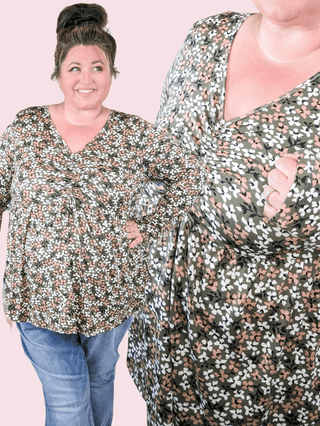 Gemma Center Cinched Babydoll Long Sleeve in Olive Floral-2- Long Sleeve Tops-BE STAGE-Styled by Stacked - A Plus Size Women's Boutique in Lakeville, MN