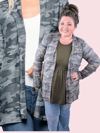 Thea Open Cardigan w/Elbow Patches in Camo-4- Overlayer Tops-HEIMISH-Styled by Stacked - A Plus Size Women's Boutique in Lakeville, MN