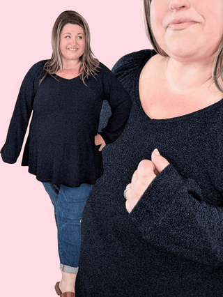 Harmony Vneck Long Sleeve in Black Shimmer-2- Long Sleeve Tops-BE STAGE-Styled by Stacked - A Plus Size Women's Boutique in Lakeville, MN
