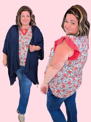 Eden Flutter Sleeve Floral Top in Red & Blue Mix