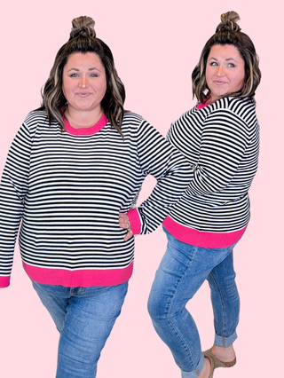 Kari Striped Pullover Sweater w/Hot Pink Trim