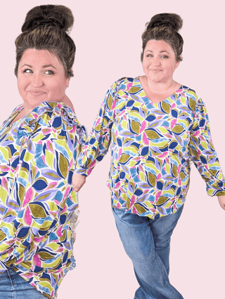 Paige V-Neck Ruffled Shoulder Long Sleeve Top in Olive Mix-2- Long Sleeve Tops-WHITE BIRCH-Styled by Stacked - A Plus Size Women's Boutique in Lakeville, MN