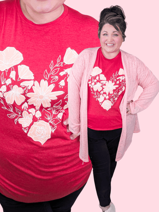 Floral Peach + White Heart Tee on Heathered Red-6- Graphic Tops-Stacked - A Plus Size Boutique-Styled by Stacked - A Plus Size Women's Boutique in Lakeville, MN