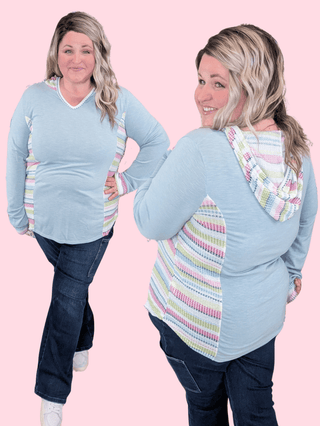 Marjorie Crewneck Aqua Hooded Pullover w/Rainbow Accents-2- Long Sleeve Tops-HAPTICS-Styled by Stacked - A Plus Size Women's Boutique in Lakeville, MN