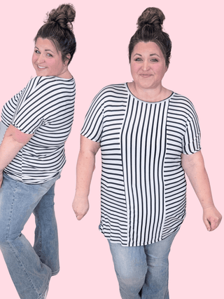 Gretel Short Sleeve Switched Stripe Top in Ivory + Black-1- ShortSlv/Slvless Tops-HEIMISH-Styled by Stacked - A Plus Size Women's Boutique in Lakeville, MN