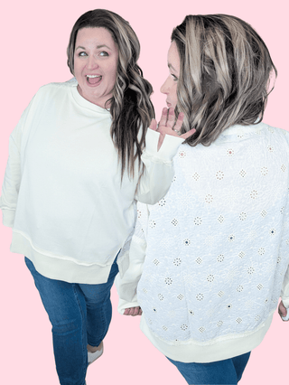 Chandi Cream Boho Pullover w/Embroidered Back-2- Long Sleeve Tops-WHITE BIRCH-Styled by Stacked - A Plus Size Women's Boutique in Lakeville, MN