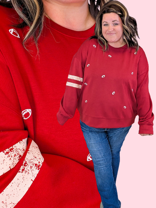 Jessica Embroidered Football Red Scuba Pullover